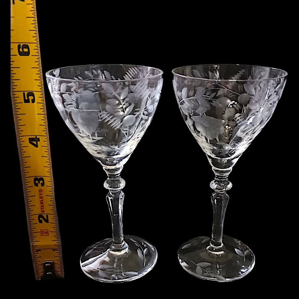 2 Vtg Rock Sharpe‎ Cordial Coupe Glasses Etched Floral Crystal Bird Of Paradise